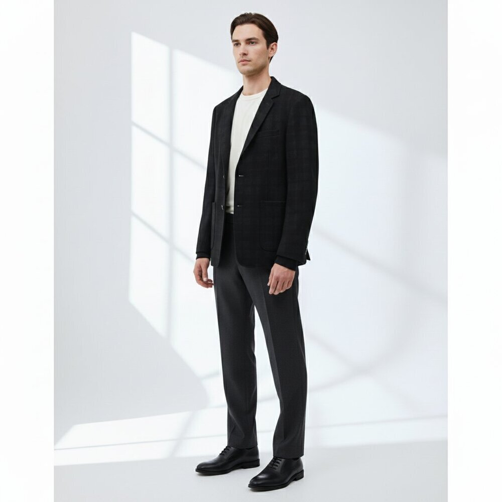 Vince Wool Blend Plaid Blazer with Elastic Cuff Black‎ Men 42